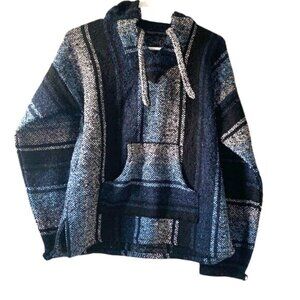 Baja Hippie Hoodie Pullover Poncho Sweater Striped Black & Blue